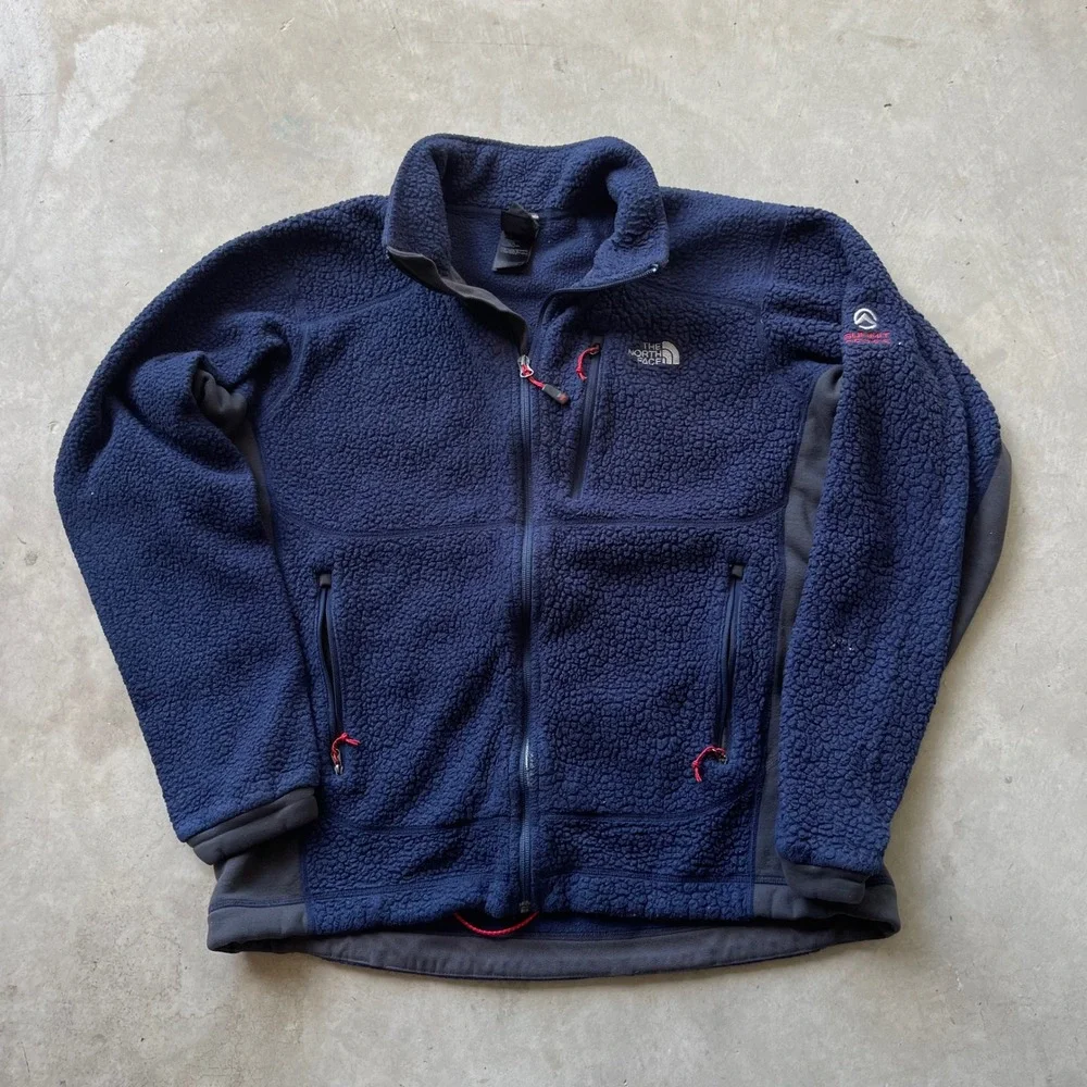The North Face Summit Series Mens Fleece Jacket Navy Blue Sherpa Full Zip Large